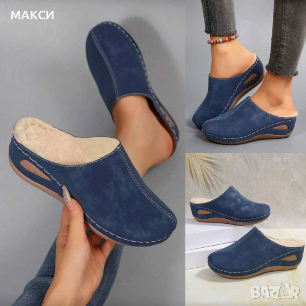 Модерни велурени и топли сабо с термо фина подплата и лека платформа в син петрол и черно -изключите, снимка 1