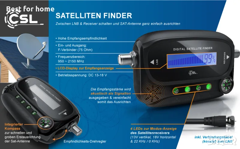 Сателитна търсачка CSL Digital Satfinder Satellite Finder Meter LCD дисплей HD TV, снимка 1