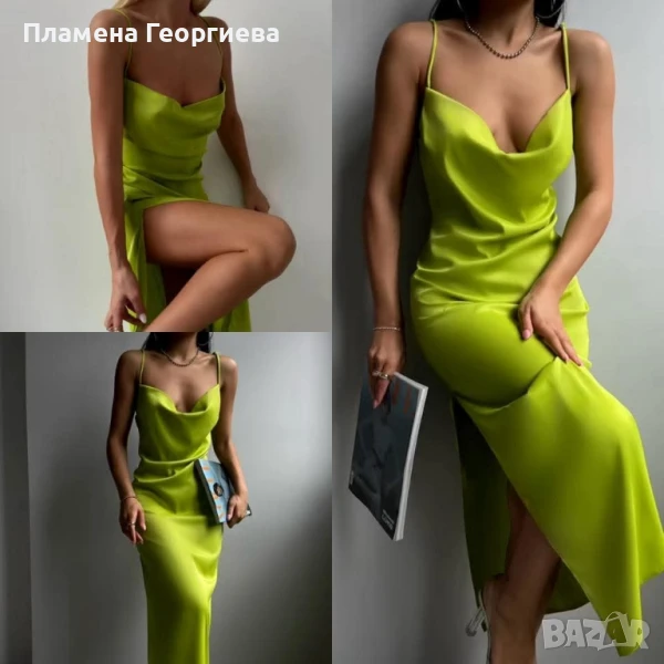 Страхотна зелена сатенена дамска рокля С размер, снимка 1
