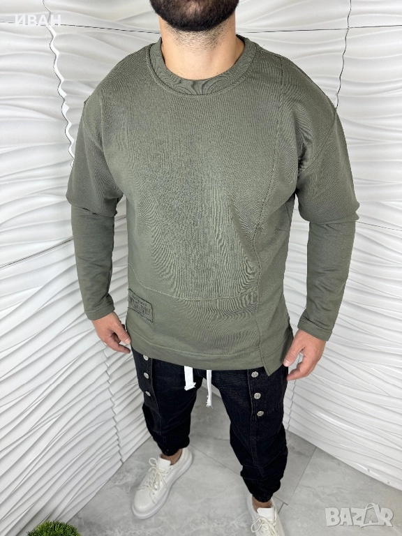 Мъжка блуза в зелен цвят с пришивка с надпис, снимка 1