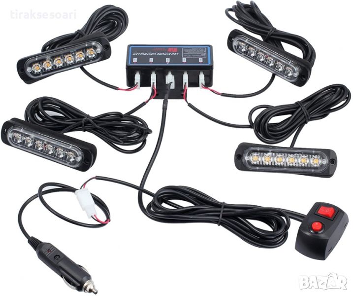 6 Led 4 бр Аварийна Лампа Жълта Блиц Светлина с Контролер 8 Режима 12V, снимка 1