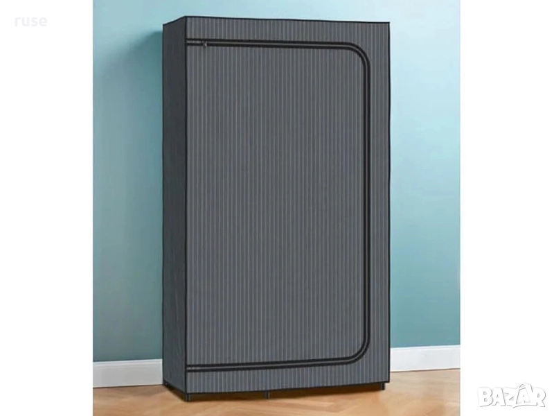 НОВ! Текстилен гардероб с лост и рафтове 174х100х46см сив-райе, снимка 1
