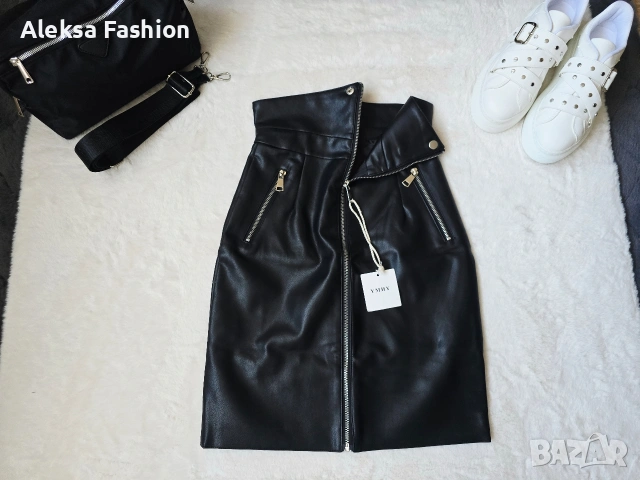 Кожена пола с висока талия , снимка 3 - Поли - 47560199
