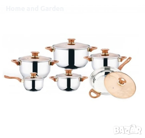 Комплект от 12 части съдове за готвене от неръждаема стомана със стъклени капаци