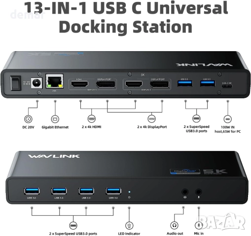 Универсална докинг станция Displaylink WAVLINK USB C с 2x HDMI и DP, снимка 2 - Кабели и адаптери - 52410438