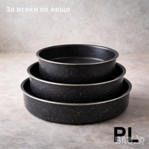 Комплект тави Rosberg – 3 размера (24/28/30 см), черни, мраморно покритие Код P1749, снимка 3 - Съдове за готвене - 52980509