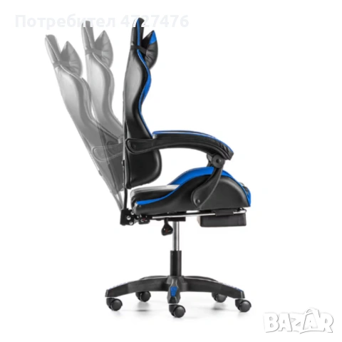Геймърски стол с поставка за крака - подходящ за деца и тинейджъри- черно-син, въртящ, с масажна фун, снимка 3 - Столове - 53342422