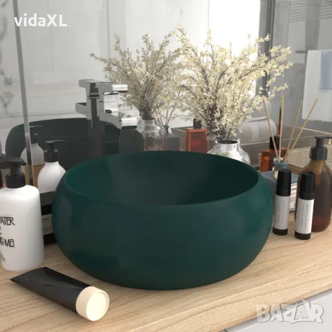 vidaXL Луксозна кръгла мивка, матово тъмнозелена, 40x15 см, керамика（SKU:147003）, снимка 2 - Мивки - 49515913