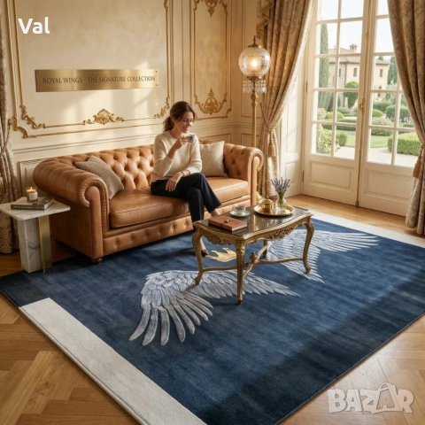 Модерен килим за хол 120х160см - Тъмносин с крила и корона и 3D ефект, Противоплъзгащ, снимка 5 - Килими - 53932942