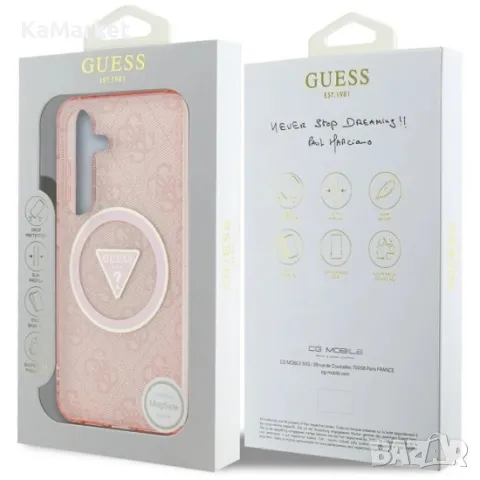 Оригинален кейс Guess 4G Glitter Triangle Buttons MagSafe, За Samsung Galaxy S25, Розов, снимка 6 - Калъфи, кейсове - 48909724