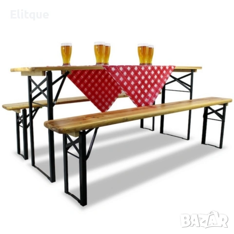 Сгъваем комплект градинска маса с 2 пейки - От чамово дърво, с отвор за чадър, снимка 9 - Други стоки за дома - 53501318