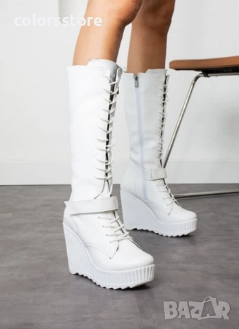 Ботуши на платформа - бяла кожа с бяло ходило - 1905 