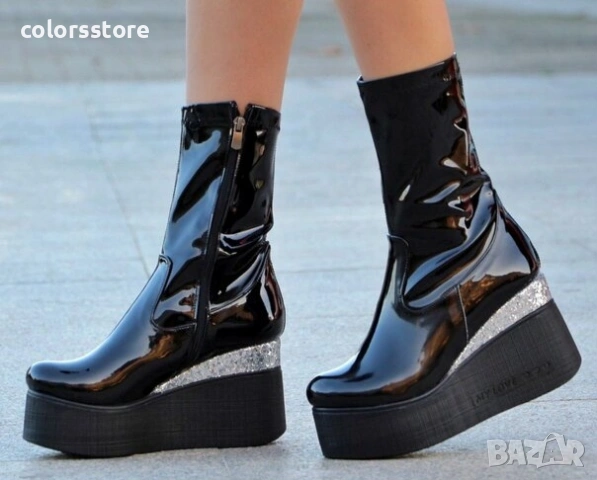Боти на платформа - черен лак с бронз брокат и черно ходило - 121K