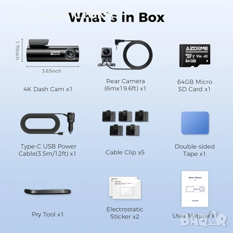 AZDOME M300S k Видеорегистратор Dash Cam комплект със задна камера , снимка 8 - Аксесоари и консумативи - 54160558