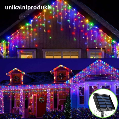 Коледни соларни лампички LED завеса 3м х 30-50см многоцветна светлина с 8 програми, снимка 2 - Лед осветление - 52259419
