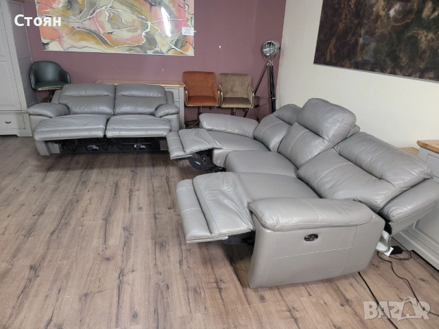 Сив кожен комплект дивани тройка и двойка с ел. релакс механизъм, снимка 10 - Дивани и мека мебел - 53730337