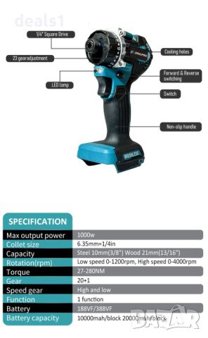 Drillpro 20+1 Безчетков Мощен Ударен Винтоверт 1000W, снимка 5 - Винтоверти - 46757464