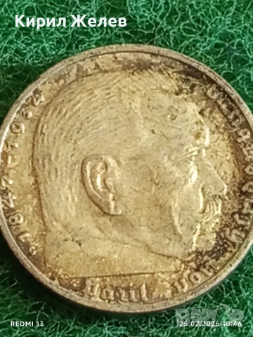 Сребърна монета 2 райхсмарки 1938г. Германия Трети Райх с Свастика за КОЛЕКЦИОНЕРИ 27986, снимка 11 - Нумизматика и бонистика - 53615260