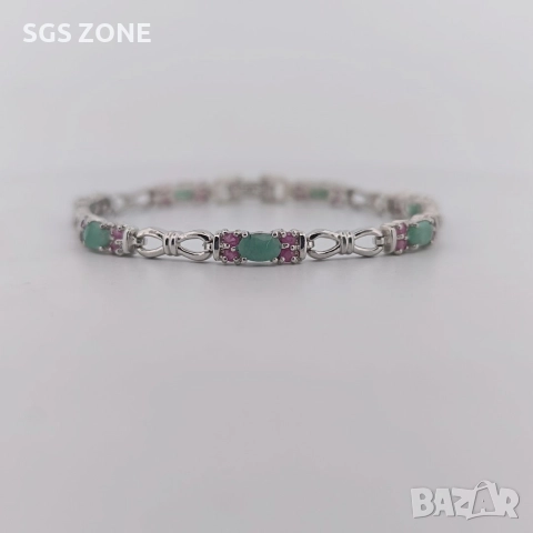 Ръчно изработена сребърна гривна с изумруди и рубини, снимка 8 - Гривни - 52569418