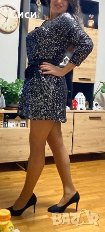 Черна паетена рокля, снимка 5 - Рокли - 52902592