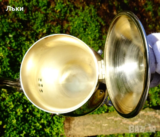 Посребрена бронзова кана,барок,като нова от вътре. , снимка 2 - Антикварни и старинни предмети - 53632227