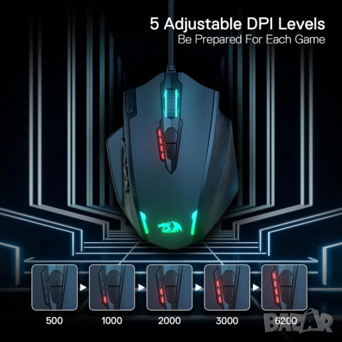 Геймърска мишка Redragon M908 IMPACT RGB LED MMO с лазерен кабел, 12 400 DPI, снимка 3 - Клавиатури и мишки - 53542068