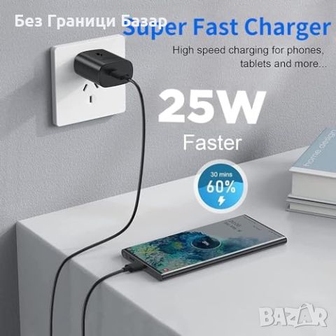 Нова Мощно 25W PD USB Type C зарядно за Samsung Стенен адаптер Самсунг, снимка 7 - Селфи стикове, аксесоари - 46501340