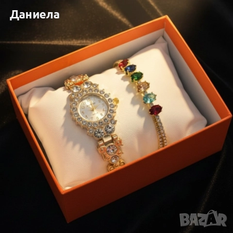 Луксозен дамски комплект – часовник с кристали + гривна с многоцветни камъни