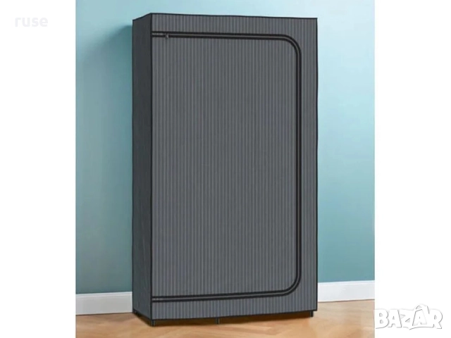 НОВ! Текстилен гардероб с лост и рафтове 174х100х46см сив-райе