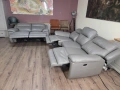 Сив кожен комплект дивани тройка и двойка с ел. релакс механизъм, снимка 10