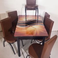 Трапезни разтегателни маси със закалено принт стъкло и 6 стола от еко кожа , снимка 4 - Маси - 44274426