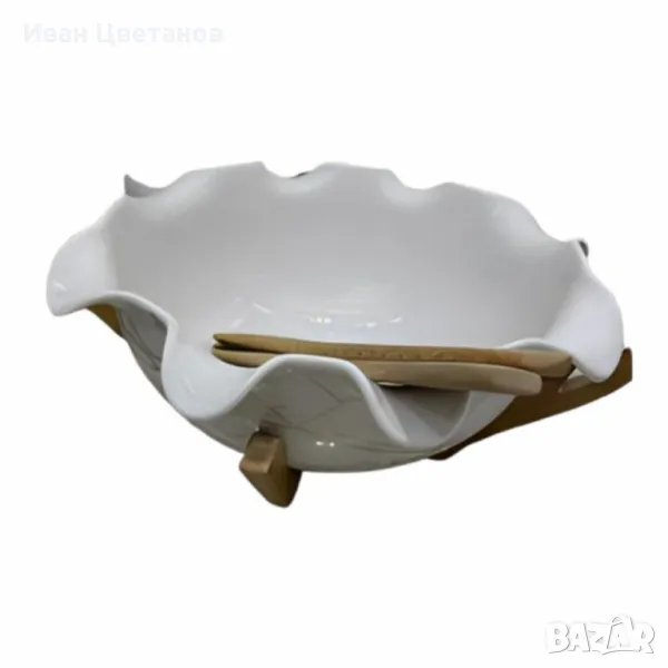 Керамична купа с дървена стойка и прибори за сервиране, снимка 1