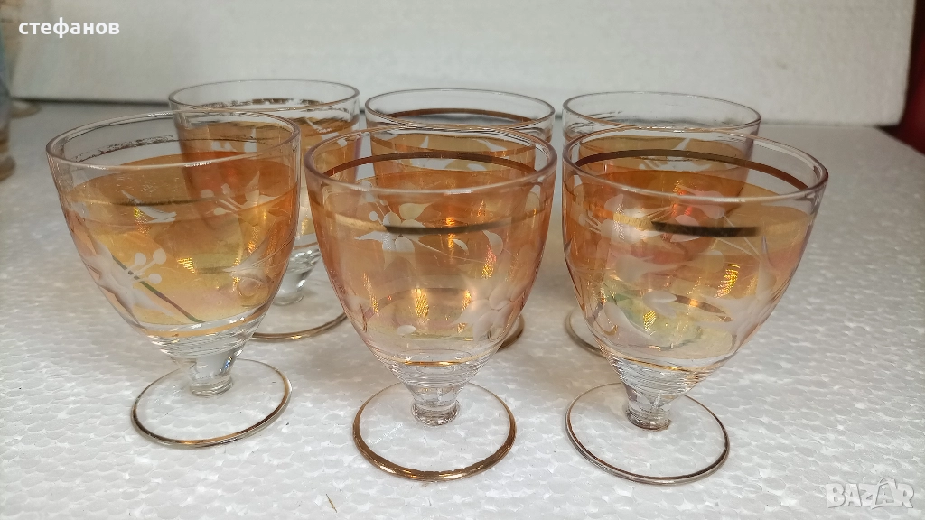 Ретро ракиени чаши, калиево стъкло, столче, 6 бр, 50 мл, снимка 1
