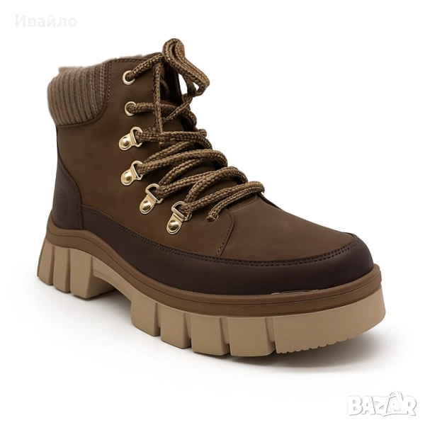 Дамски кафяви боти от еко кожа с дебела подметка и плетена яка, снимка 1