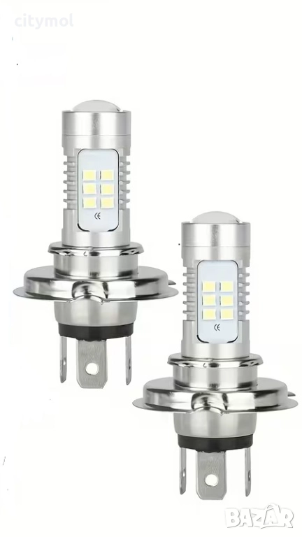 Комплект 2 бр. авто лампи/крушки H4, LED, 6000K, 21 хSMD 3030 диода и лупа, компактен размер, снимка 1