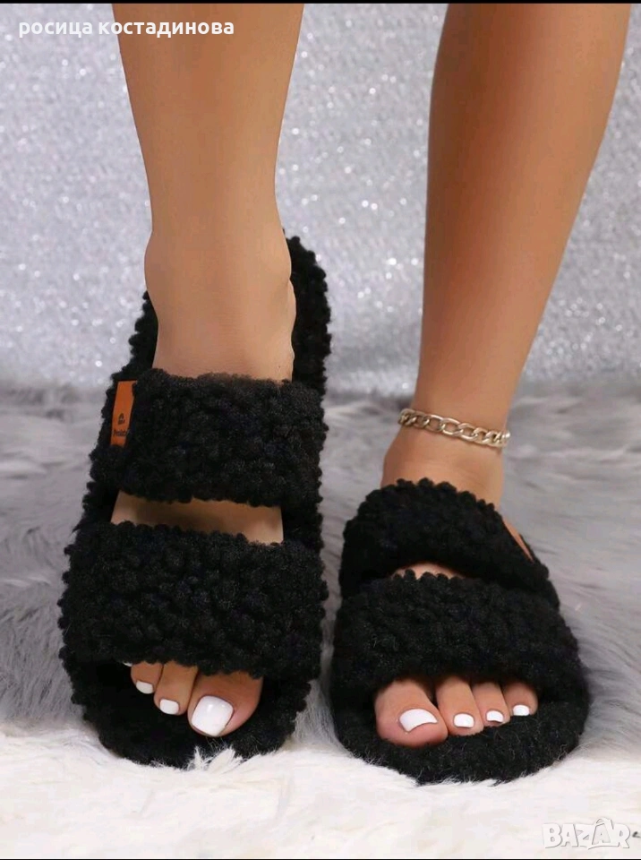 Дамски плюшени отворени пантофи, снимка 1