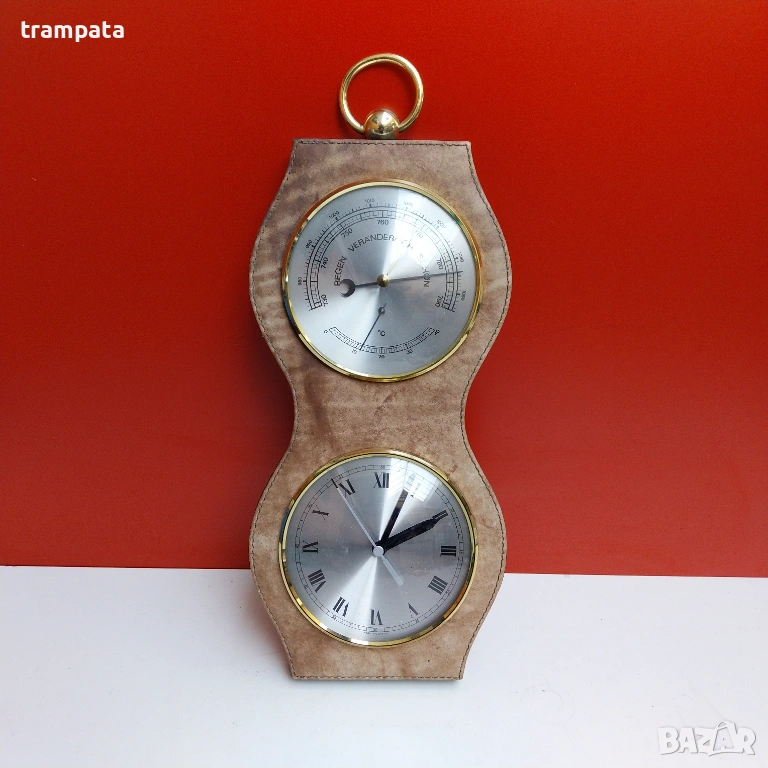 НАЙ ДОБРАТА ОФЕРТА Немски часовник ,термометър и влагометър .Кожа и дърво. , снимка 1