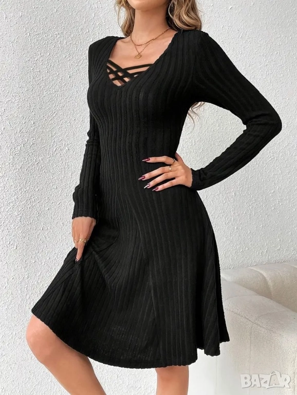 Черна рокля, машинно плетиво, снимка 1