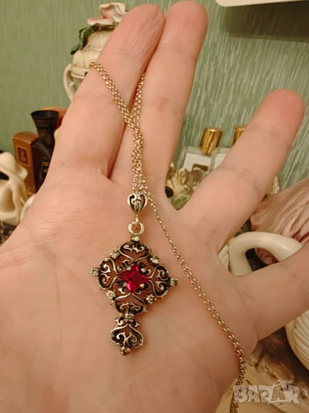 Стара сребърна висулка позлатен синджир ,рубин, снимка 1