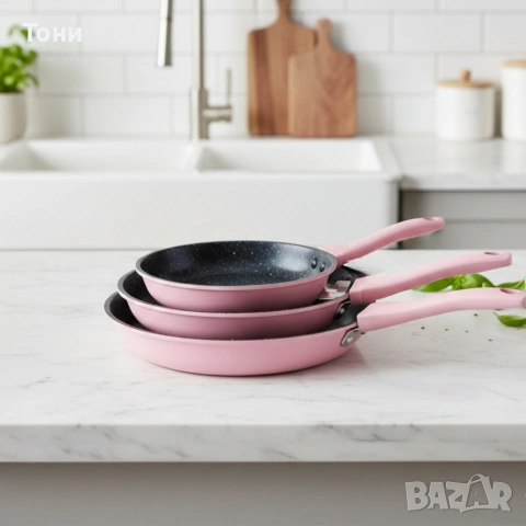 Комплект тигани Cheffinger розово с мраморно покритие – 3 части за всяка кухня - розов цвят, снимка 6 - Прибори за хранене, готвене и сервиране - 53158673