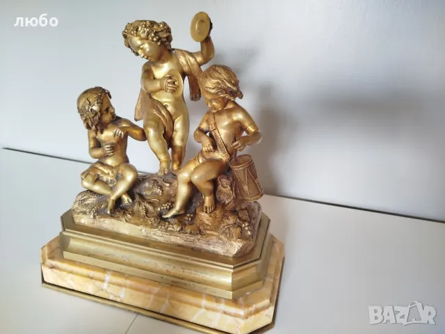 БРОНЗОВА СКУЛПТУРА 19-ВЕК Франция ДЕЦА МУЗИКАНТИ ВЪВ ПОЗЛАТА , снимка 3 - Антикварни и старинни предмети - 49271493