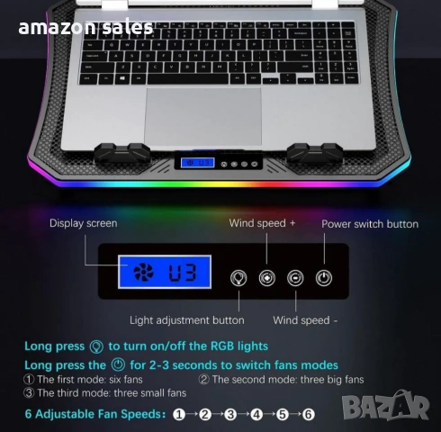 MOOJAY C50 Охлаждаща подложка за лаптоп,10 режима RGB осветление,8 вентилатора, снимка 5 - Лаптоп аксесоари - 54238533