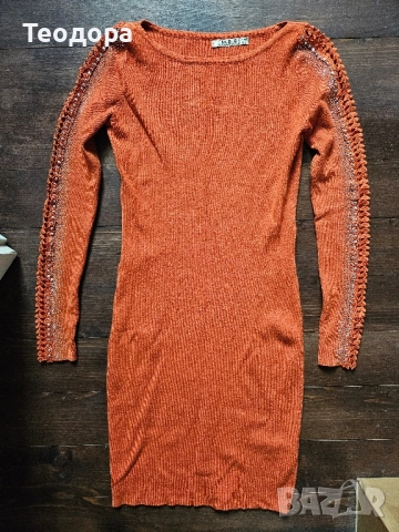Рокля с дълъг ръкав оранжева S/M, снимка 3 - Рокли - 52822511