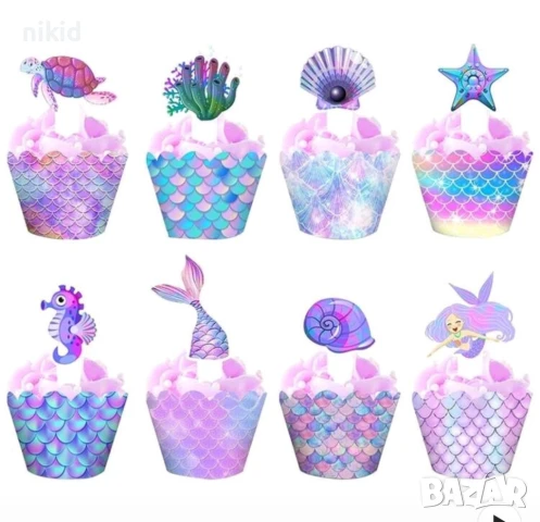 Опашка Русалка мида морска звезда 10 бр топери и декори за кошнички украса за мъфини кексчета парти, снимка 4 - Други - 30353873