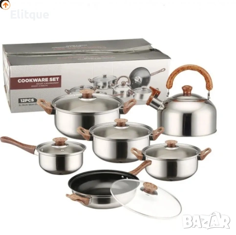 Комплект от 12 части за всяка кухня. 3бр тенджери, тиган, касерола и чайник и капаци, снимка 3 - Съдове за готвене - 53252781