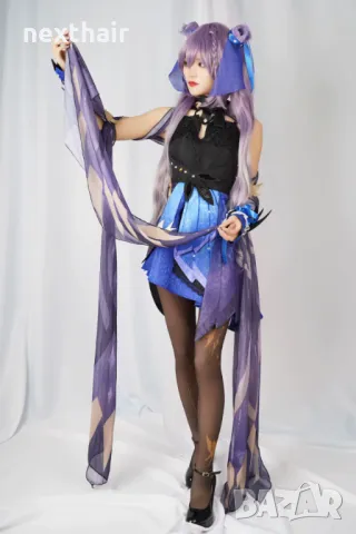 Аниме косплей лилава перука с две опашки Genshin Impact Keqing Cosplay, снимка 10 - Аксесоари за коса - 50340487