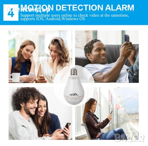 IP камера 360 градуса със сензор нощно виждане/аларма за откриване на движение/охранителна камера, снимка 4 - IP камери - 54174742