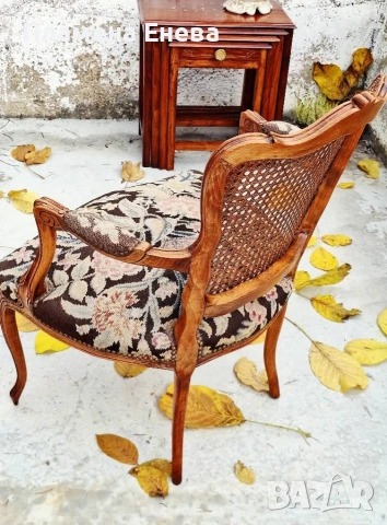 кресло в стил Луи 15 с гобленова тапицерия и ратанов гръб , снимка 8 - Столове - 53165521