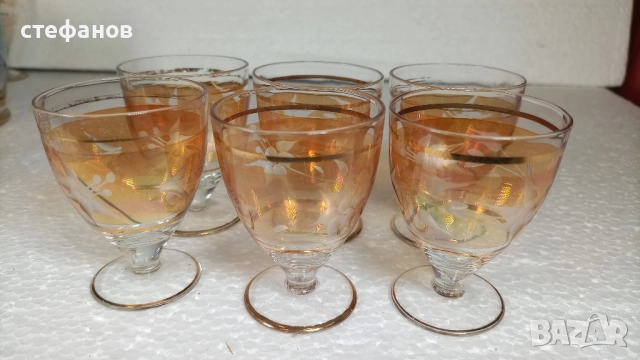 Ретро ракиени чаши, калиево стъкло, столче, 6 бр, 50 мл