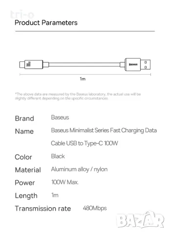 Baseus 100W USB Type C Кабел за бързо зареждане и трансфер на данни, снимка 4 - USB кабели - 48177805